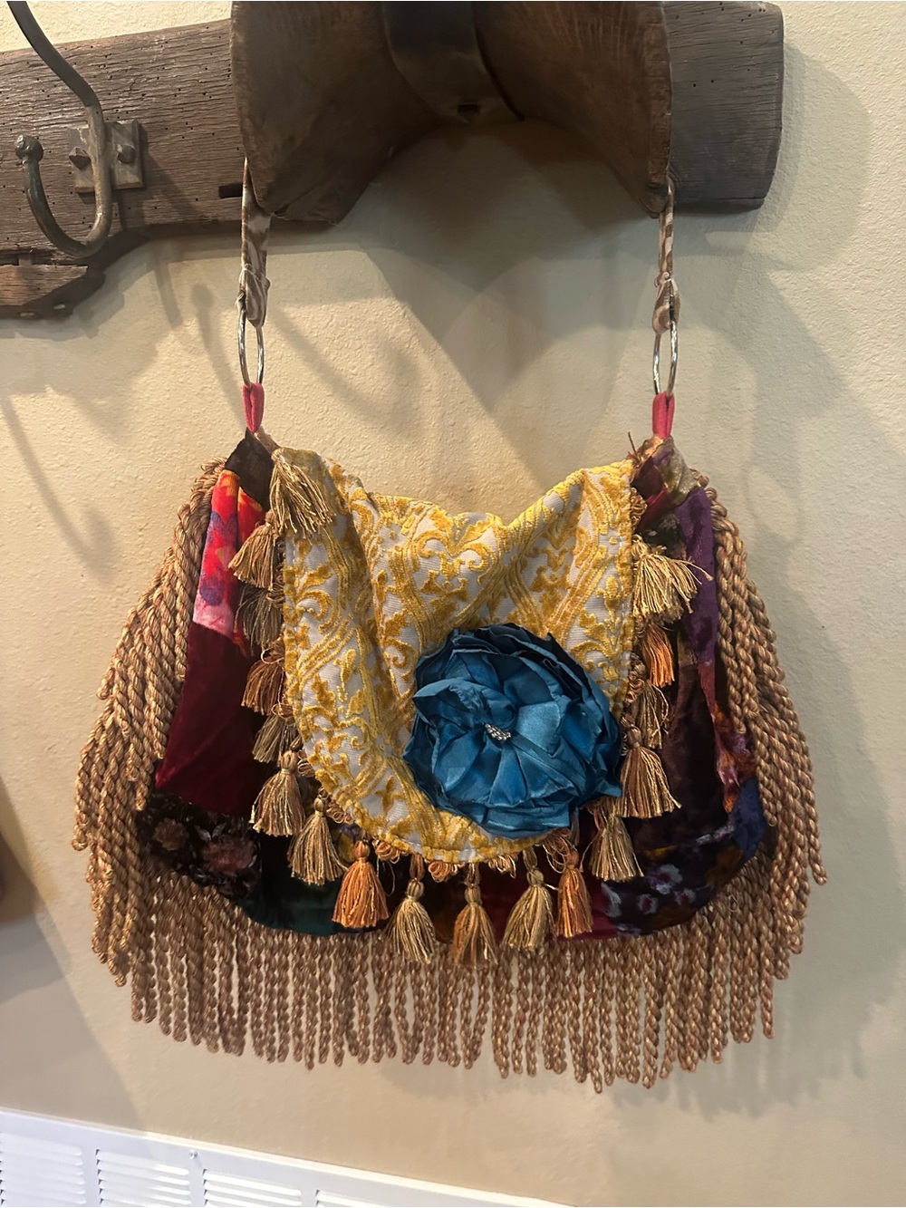 Boho Keep it Gypsy Tassel Patchwork Shoulder Bucket Bag with Teal Flower Accent